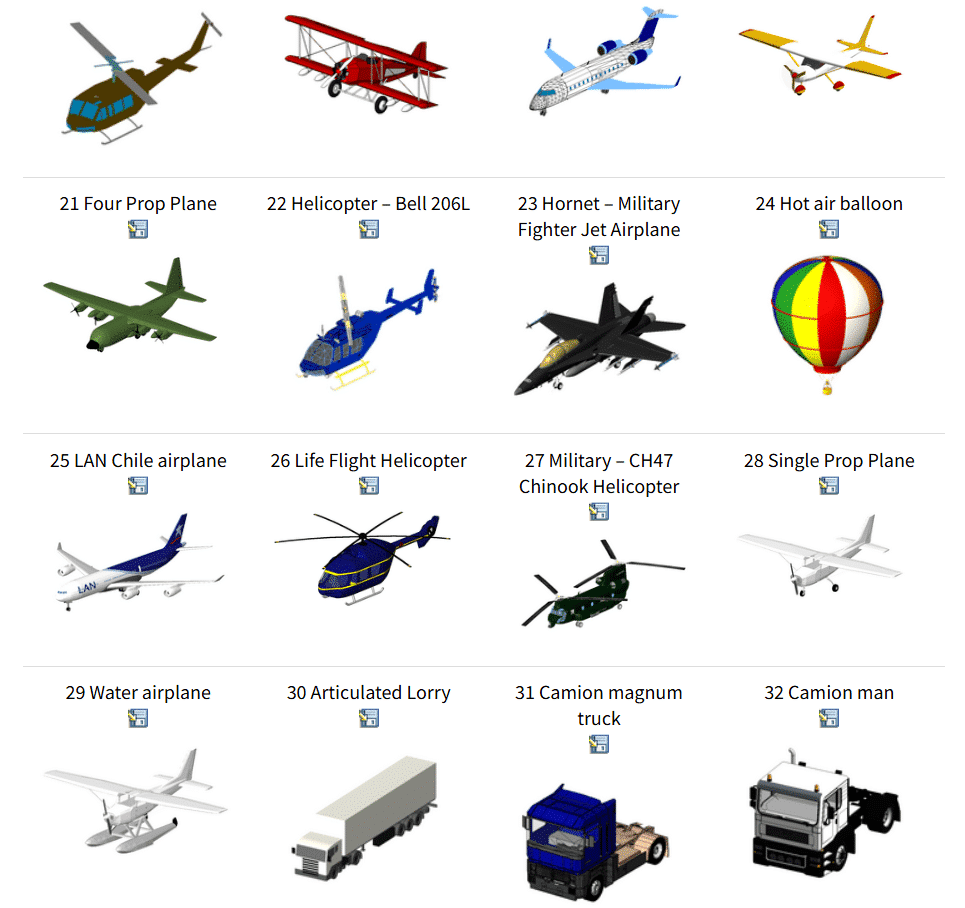95个飞机战斗机直升机卡车消防车摩托车自行车马车挖掘机游艇雪地车等各类载具Revit族文件下载