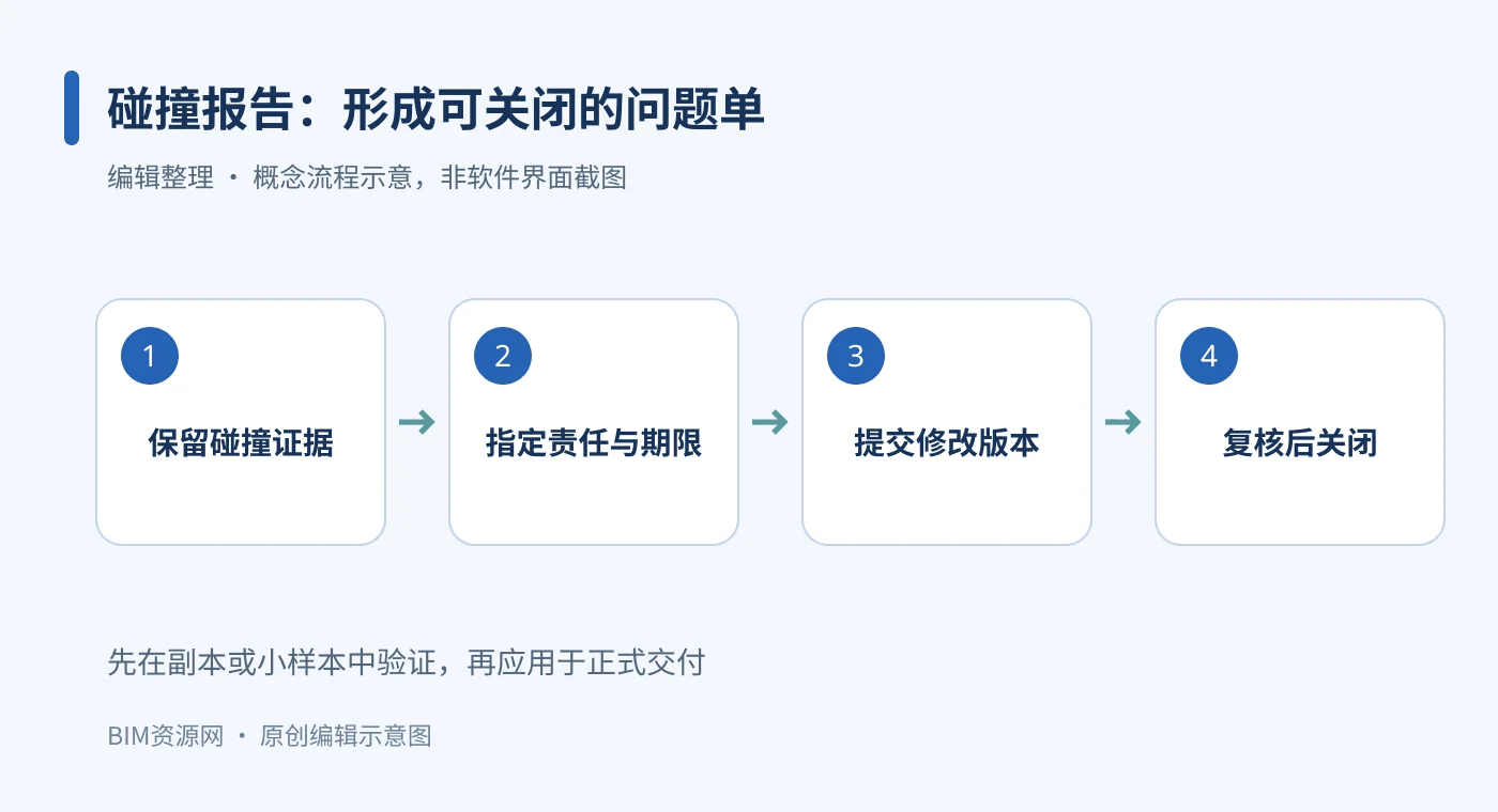碰撞问题关闭流程：保留碰撞证据、指定责任与期限、提交修改版本、复核后关闭
