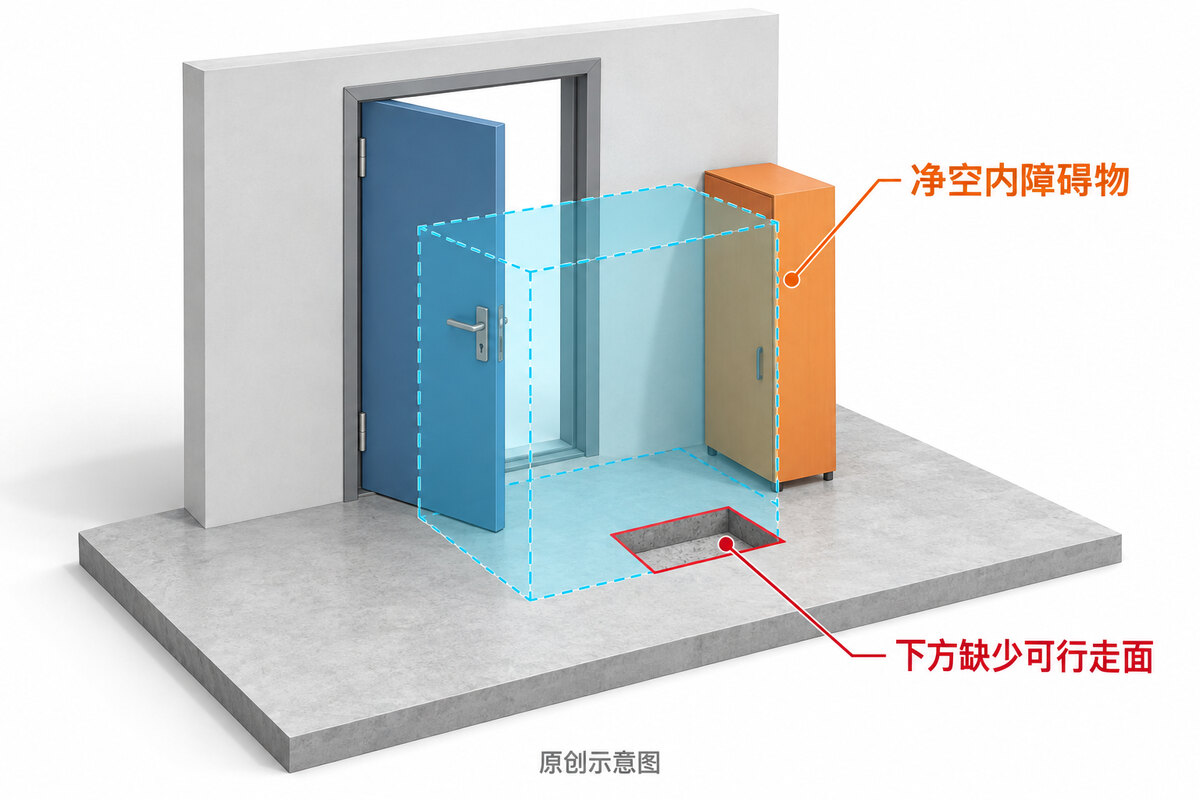 门前净空范围内的柜体障碍和下方楼板缺口,示意两类不同检查问题
