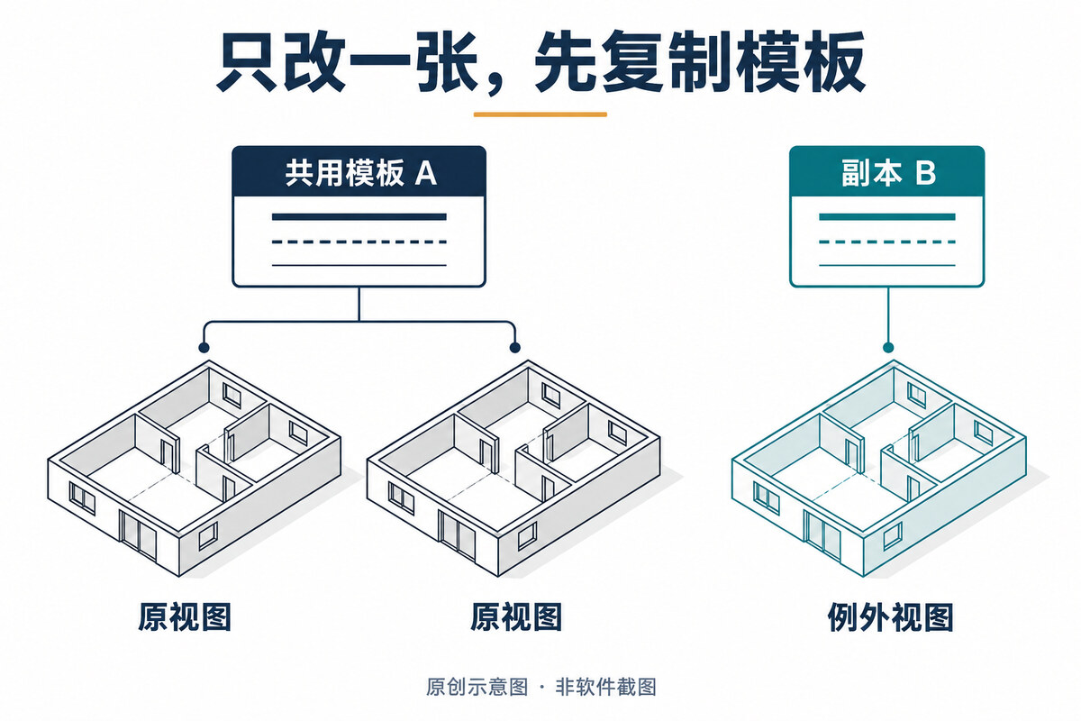 两张原视图继续关联共用模板A，例外视图单独关联模板副本B