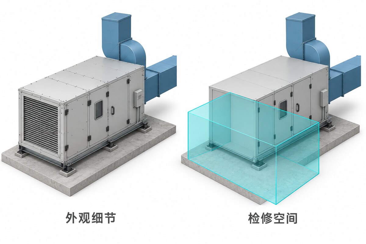 两台相同设备的概念模型，右侧以透明范围标出检修空间，说明模型信息要服务实际用途