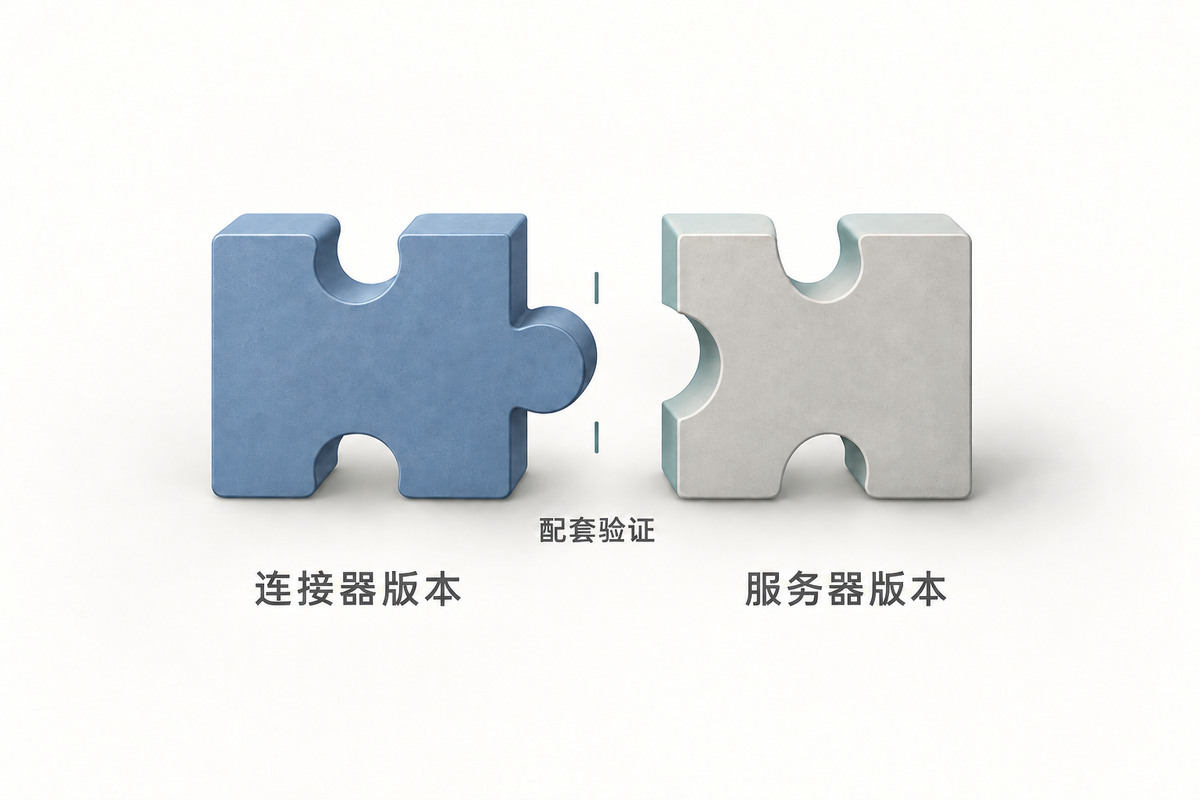 原创示意图:标有连接器版本与服务器版本的两块拼图以互补接口相对,提示配套验证。