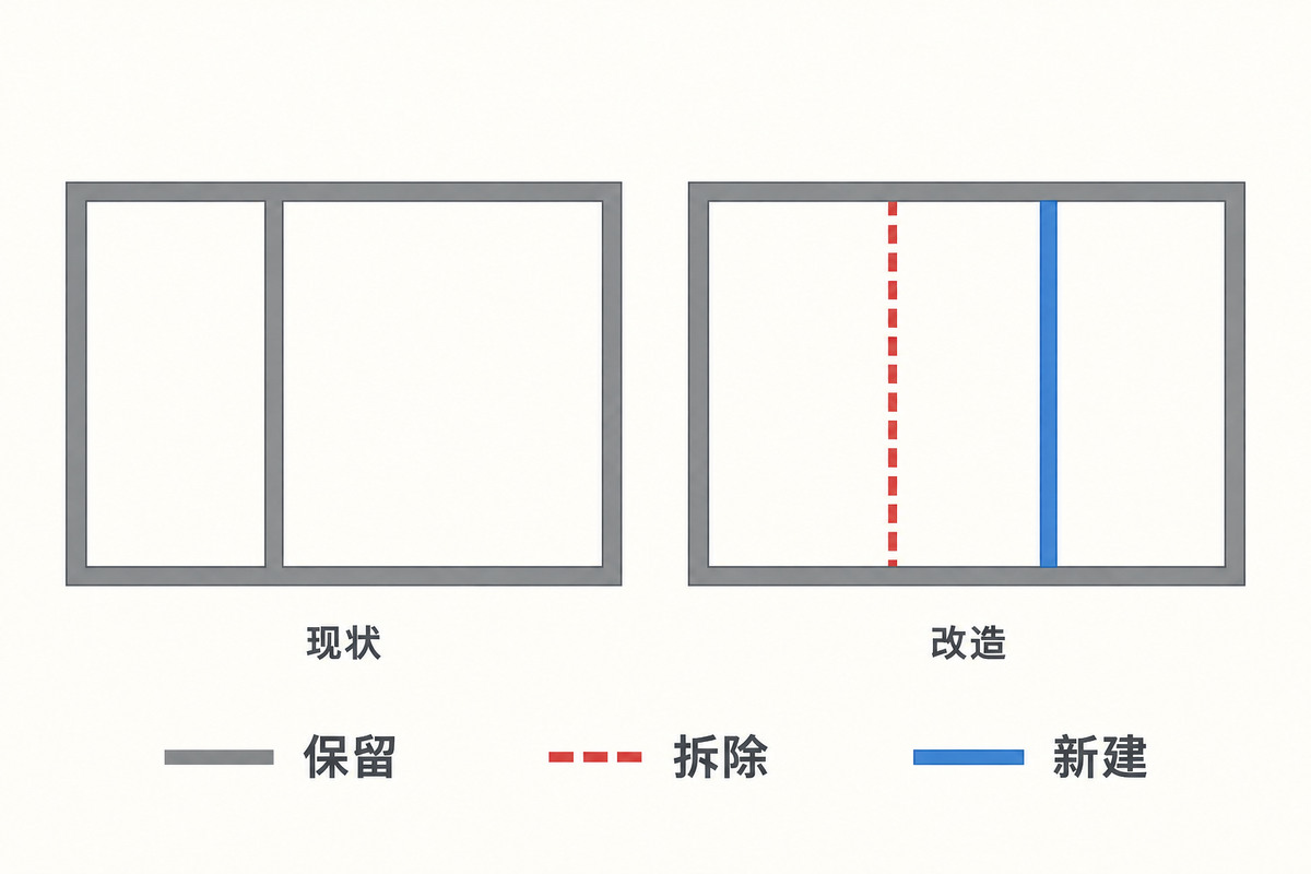 原创示意图:同一房间的现状与改造平面对照,灰色外墙保留,旧隔墙用红色虚线表示拆除,新隔墙用蓝色实线表示新建。