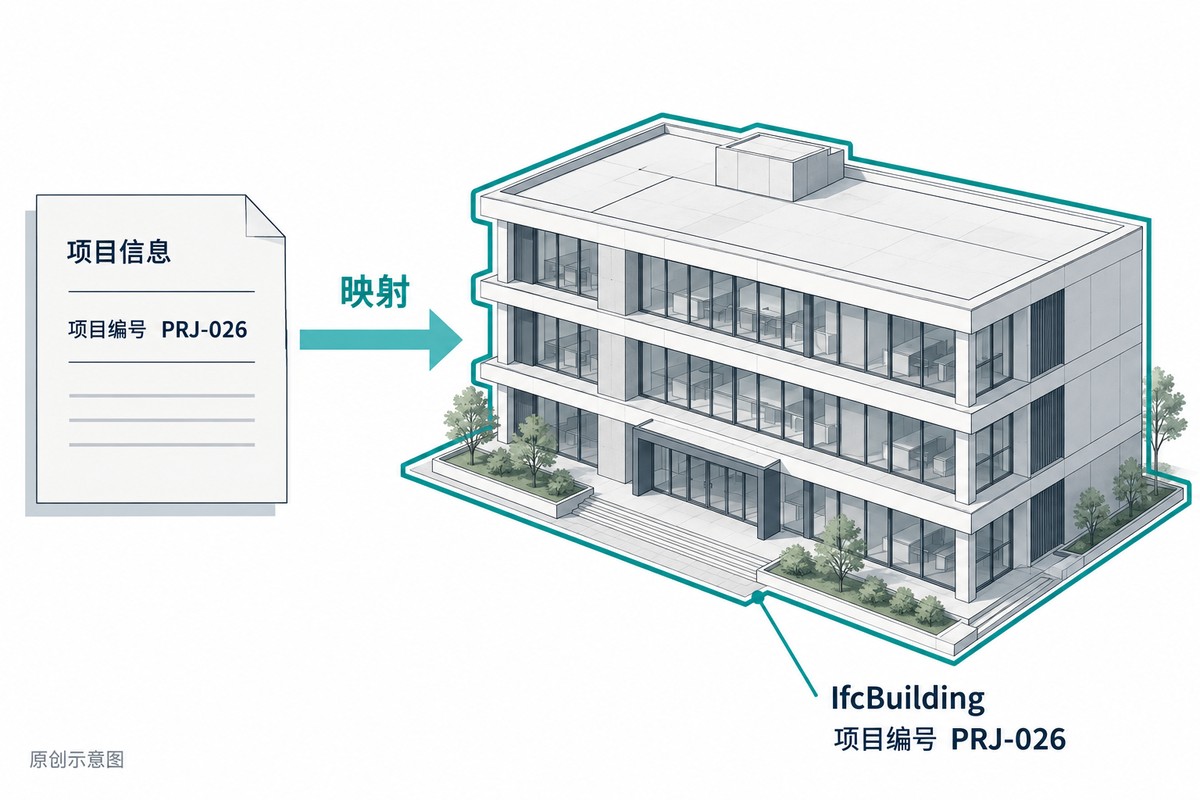 原创示意图:项目编号PRJ-026从项目信息映射到整栋建筑的IfcBuilding属性,未表示自动同步到每个构件。