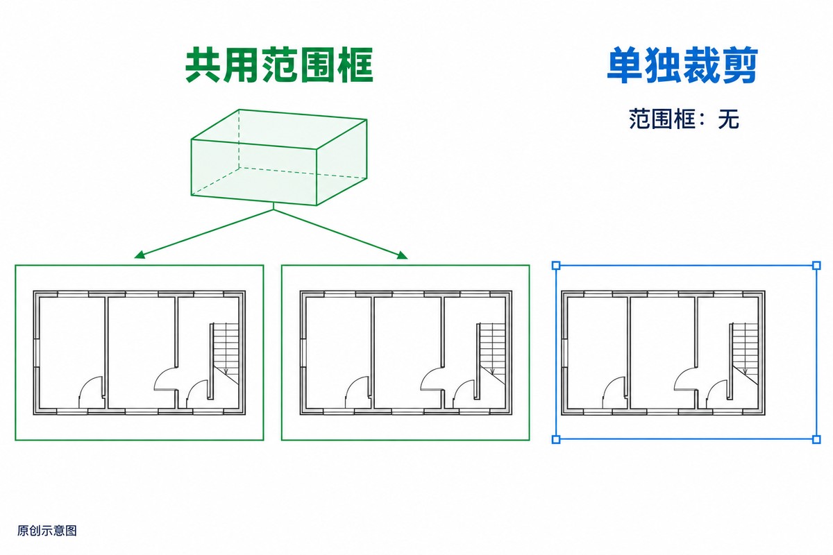 原创示意图：一个绿色共用范围框控制两个平面视图的边界；范围框为无时，第三个平面使用蓝色独立裁剪边界。