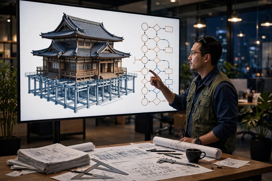 工程师在屏幕前查看建筑BIM模型与图审流程