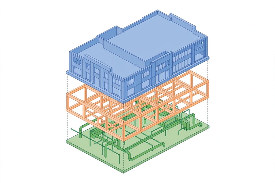 Revit工作集划分示意图：建筑模型按楼层与建筑结构机电专业分色分层展示