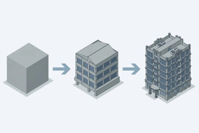 LOD100到LOD500精度等级示意:从粗略体块到精细模型的渐变