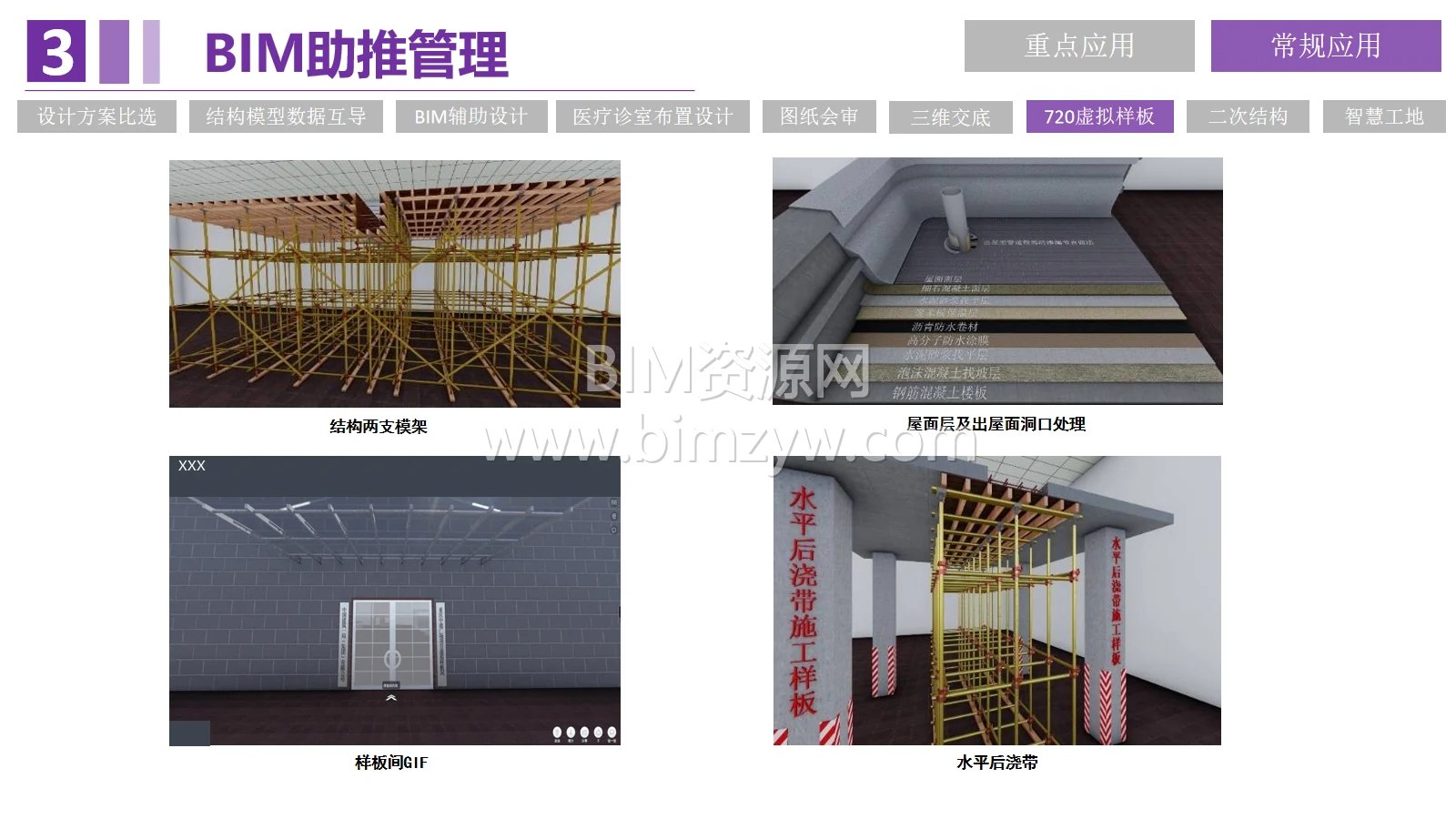 医院BIM虚拟施工样板屋面节点后浇带及支模架展示