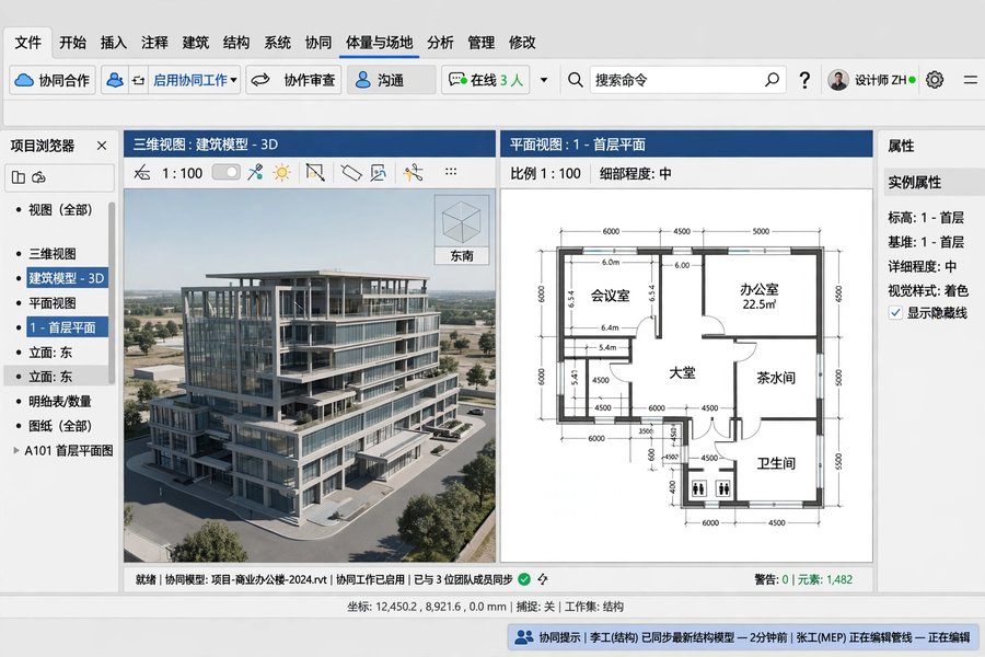 BIM工程师在电脑前使用Revit建模,屏幕上的建筑模型清晰,工作氛围专注高效