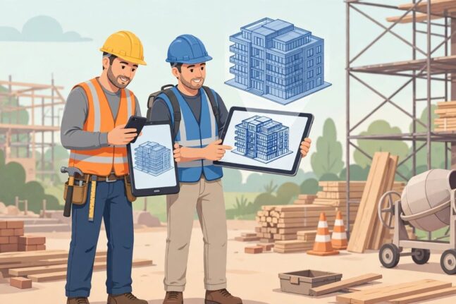 工人用手机和平板查看3D建筑模型